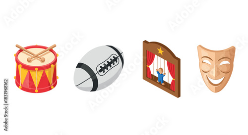 Isometric icons of drum, rugby ball, theatre scene, and comedy mask
