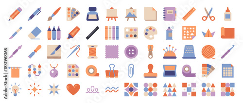 Arts and crafts icon set. containing pencil, paint, brush, canvas, notebook, scissors, glue, yarn, and more. Vector collection