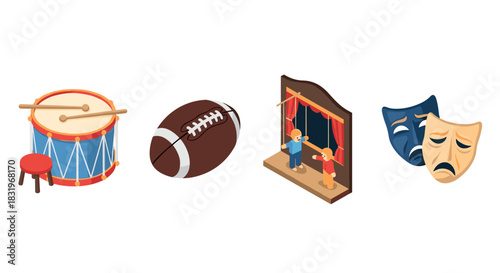 Isometric icons of drum, football, puppet theater, and theater masks for creative themes