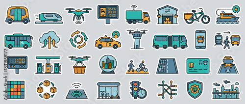 Transport and technology icons set. featuring car, drone, bike, ship, bus, warehouse, toll, gps, cycle, road, traffic. Vector collection