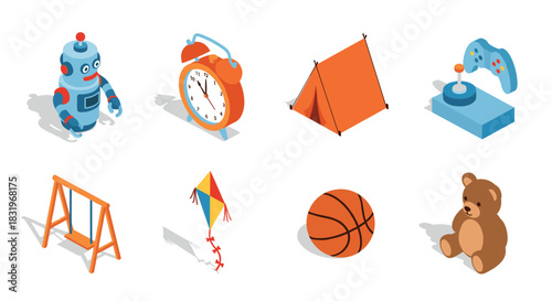 Colorful isometric toys and objects for kids: robot, clock, tent, and more