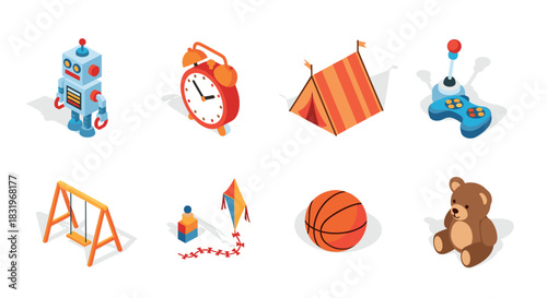 Colorful isometric toy collection with robot, teddy, and playful fun