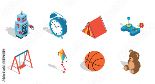 Isometric toys and games set with robot, clock, tent, joystick, and more