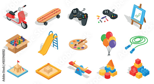 Isometric set of colorful toys and play items for creative fun and entertainment