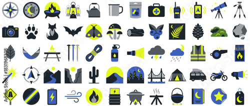 Outdoor survival icon set. containing compass, campfire, tent, backpack, gps, water bottle, lantern, and more. Vector collection
