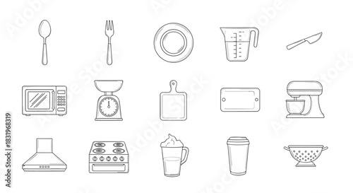 Essential kitchen tools and appliances in minimalist linear style