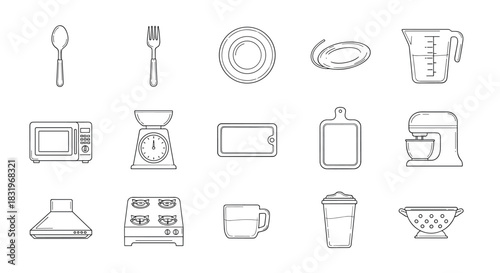 Linear kitchen utensils and appliances outline set for culinary design projects