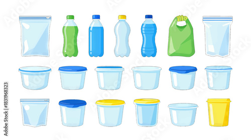 Set of plastic containers bottles and bags isolated illustration