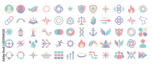 Abstract icon set. containing swirl, shield, fire, link, pulse, anchor, flame, balance, arrow, and more. Vector collection