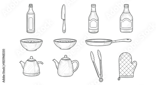 Hand drawn kitchen utensils and condiments set for cooking enthusiasts