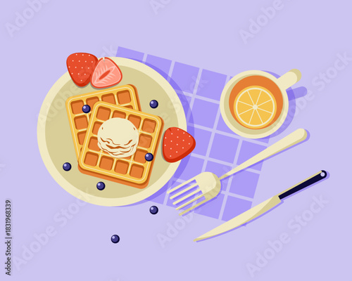 Illustration of waffles topped with ice cream, fresh strawberries, blueberries, and a cup of lemon tea, creating a bright and delicious breakfast scene.