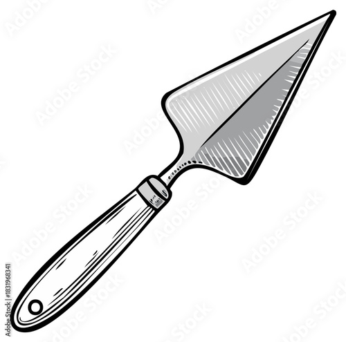 Handheld gardening trowel with pointed blade and ergonomic handle, illustration