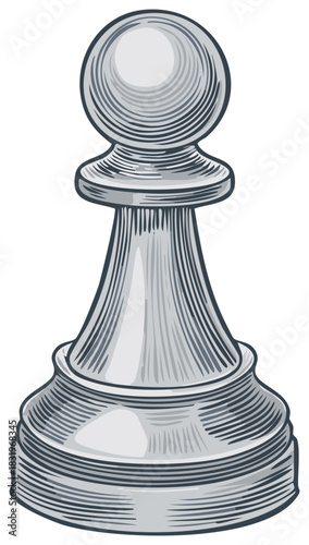 Classic chess pawn game piece in a vintage engraved illustration style