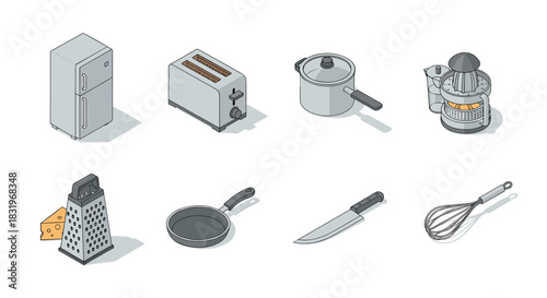 Kitchen appliance collection in isometric style for modern cooking spaces