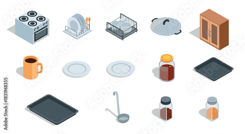 Isometric kitchen items collection: appliances, utensils and cookware essentials