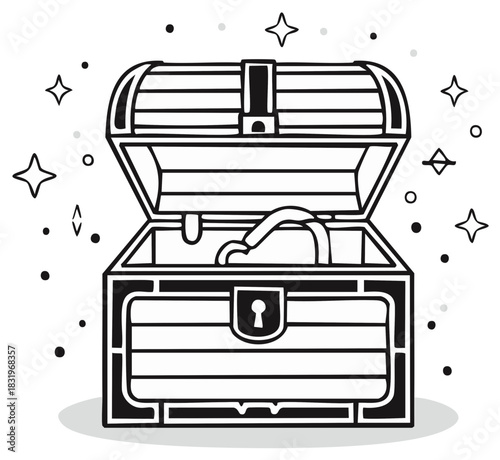 Whimsical open treasure chest full of shining treasures. Hand drawn line art illustration design.