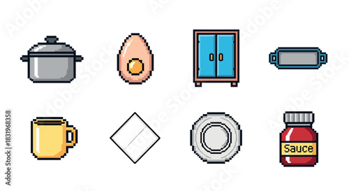 Pixel art kitchen icons: pots, food, cabinets, and tableware