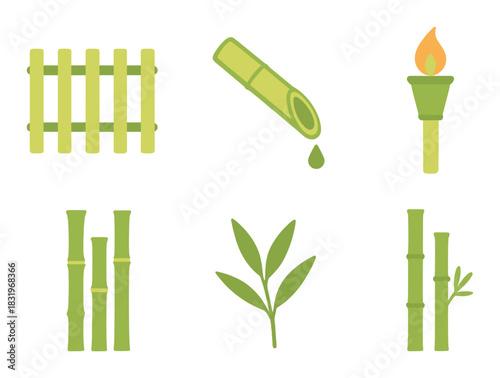 Glowing bamboo icons: fence, water, torch, stalks, leaves on abstract green background