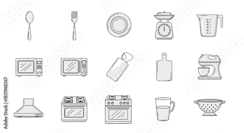 Minimalist kitchen utensils and appliances line art collection