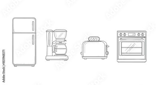Minimalist kitchen appliance collection: fridge, coffee maker, toaster, and oven