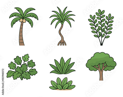 Cartoon tree and plant collection with various greenery