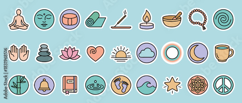 Wellness and mindfulness icon set: yoga, meditation, aroma, candle, singing bowl, mandala, zen, peace, healing, nature. Vector collection