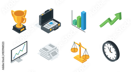 Isometric business icons with trophy, briefcase, graphs, scales, clock, and documents