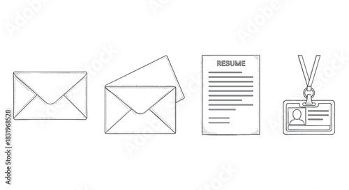 Hand-drawn resume and office essentials: envelopes, documents, id badge
