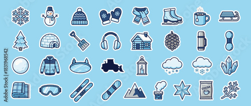 Winter activities icon set. featuring snowflake, snowman, hat, mittens, scarf, skates, mug, sled and more. Vector collection