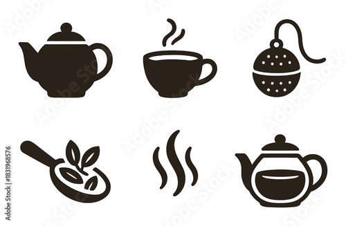Silhouette icons of tea pot, cup, infuser, leaves, and steam on olive background