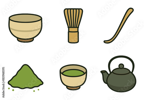 Traditional japanese matcha ceremony tools and green tea elements