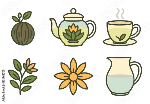Set of floral tea icons with teapot, cup, and lemon