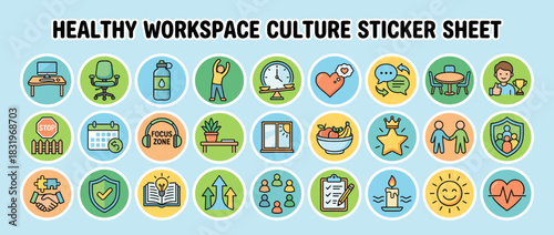 Healthy workspace culture icons set. containing desk, chair, water, exercise, clock, heart, chat, meeting, trophy and more. Vector collection