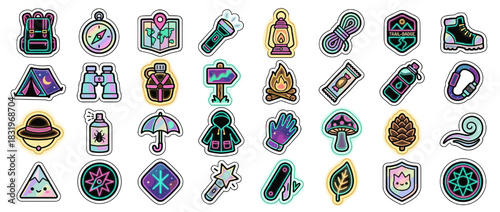 Camping and adventure icons set. including backpack, compass, map, flashlight, lantern, rope, badge, boots and more. Vector collection