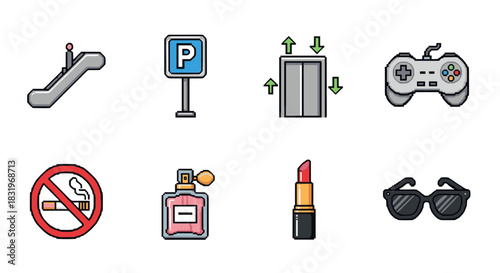 Modern flat icons: escalator, parking, elevator, gaming, no smoking, perfume, lipstick, sunglasses