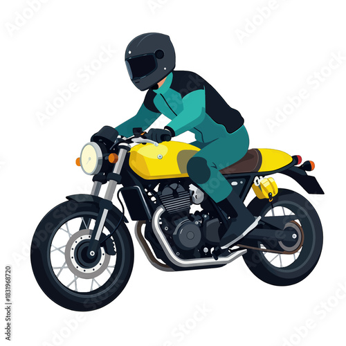Stylish rider on a sleek yellow cafe racer motorcycle