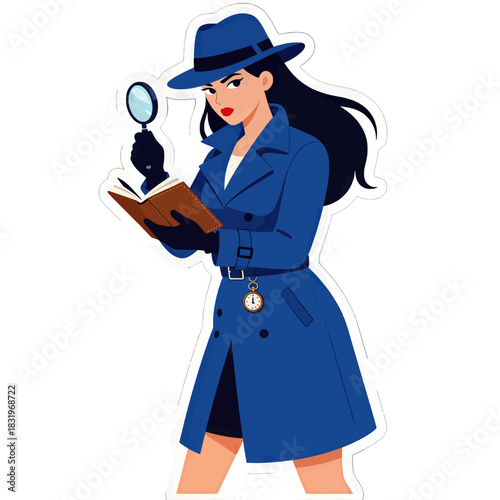 Stylish female detective in blue coat holding a magnifying glass