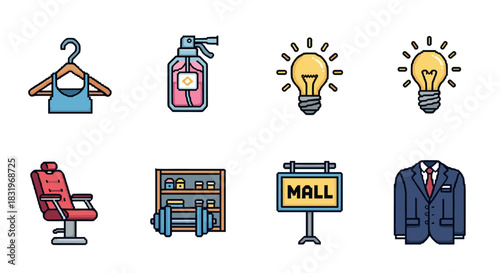 Diverse collection of shop and retail icons in modern colorful style