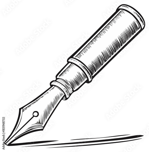 Vintage fountain pen writing a line, hand drawn black and white vector illustration