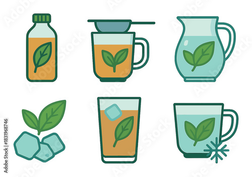 Iced tea with leaves and ice cubes in various glasses