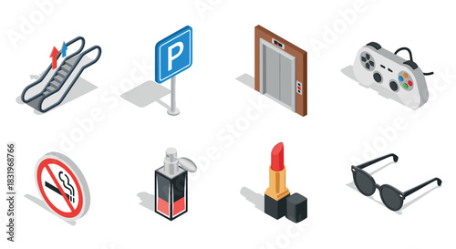 Isometric icons set of everyday objects including escalator, parking sign, elevator, game controller, and accessories