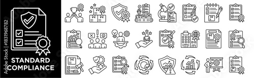 STANDARD COMPLIANCE icon collection set. Containing design quality control, checklist document, iso certification, service, stamp, achievement