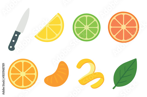 Colorful citrus fruits with knife and leaf