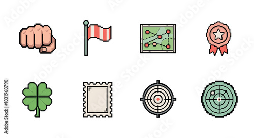 Set of eight pixel art icons featuring various items