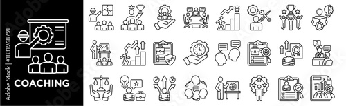 COACHING icon collection set. Containing design recruitment process, job interview, onboarding, team building, performance review, training session, leadership development