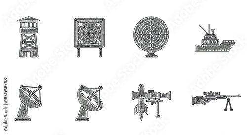 Military equipment and defense icons in sketch style