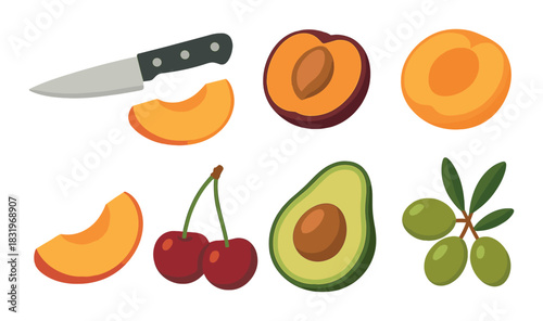 Sliced fruits and knife illustration featuring peaches, cherries, avocado, and olives