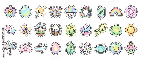 Cute nature and magic icon set. containing flower, crystal, butterfly, rainbow, leaf, sun, cloud and more. Vector collection