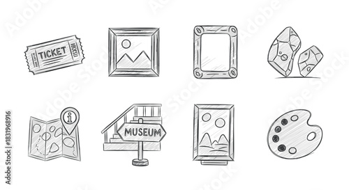 Artistic elements in pencil sketch style: tickets, frames, crystals, maps, signs, and palette