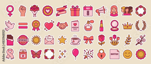 Empowerment and celebration icon set. containing fist, heart, gift, megaphone, dove, flower, and more. Vector collection
